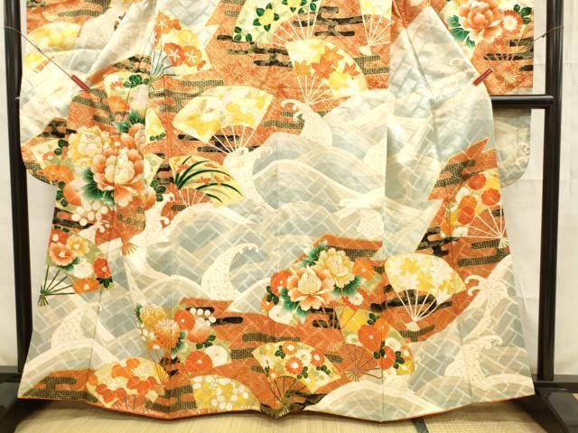 平和屋着物○豪華振袖 絞り 扇面草花文 正絹 逸品 DABC2587ud 【公式通販】