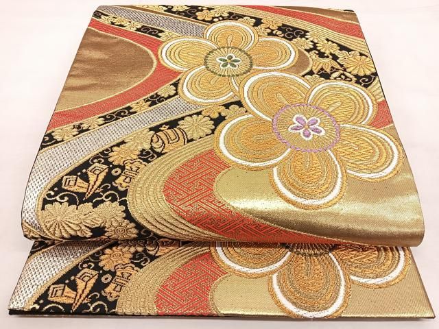 平和屋着物＊夏物　六通柄袋帯　唐織　プラチナ箔　亀甲吉祥文　正絹　逸品　BAAV7134yc 平和屋着物◎六通柄袋帯 唐織 枠翔華匠錦 黒地 金銀糸 正絹 逸品