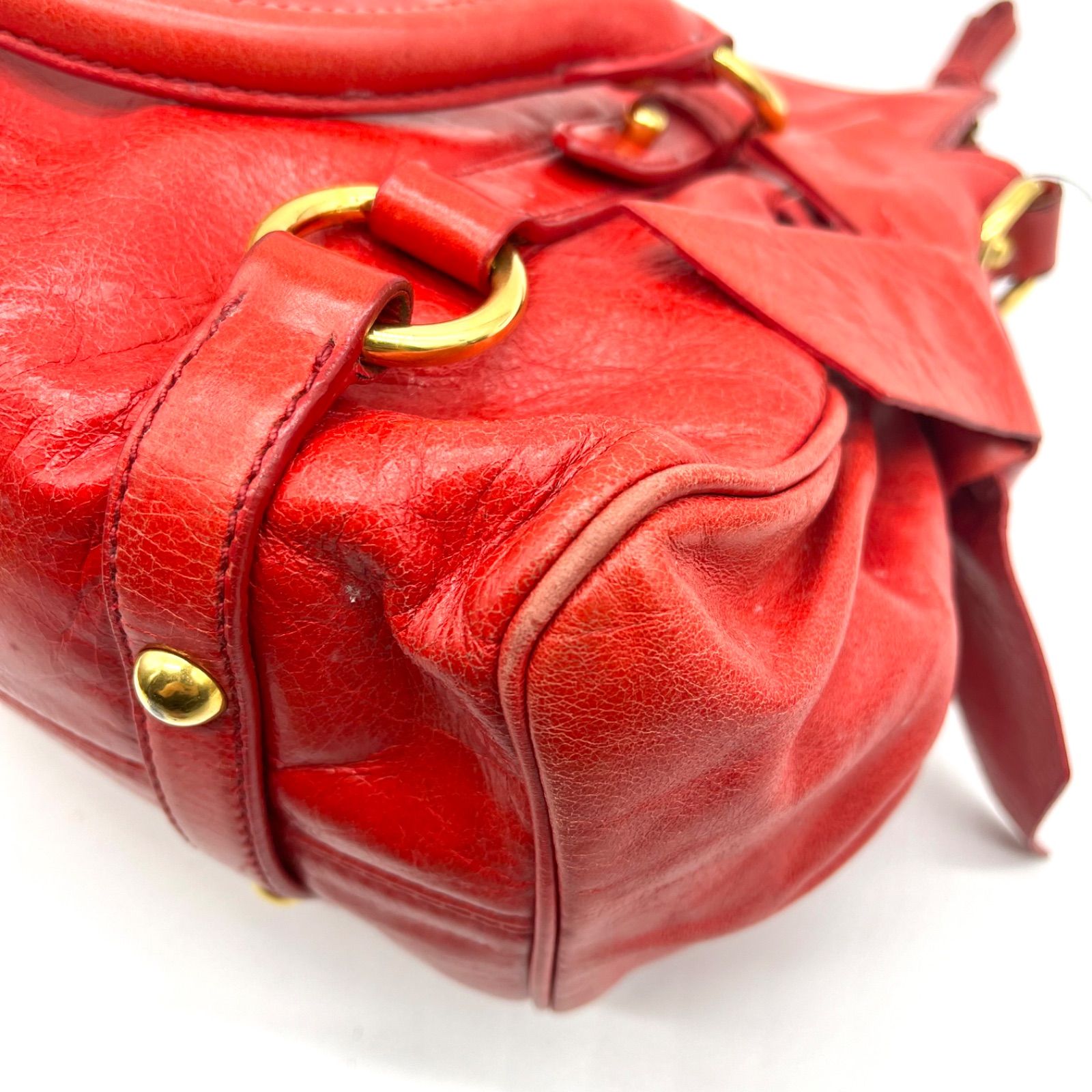 Auth Miu Miu Y2K Vitello Shine Side Ribbon 2Way Leather Shoulder 