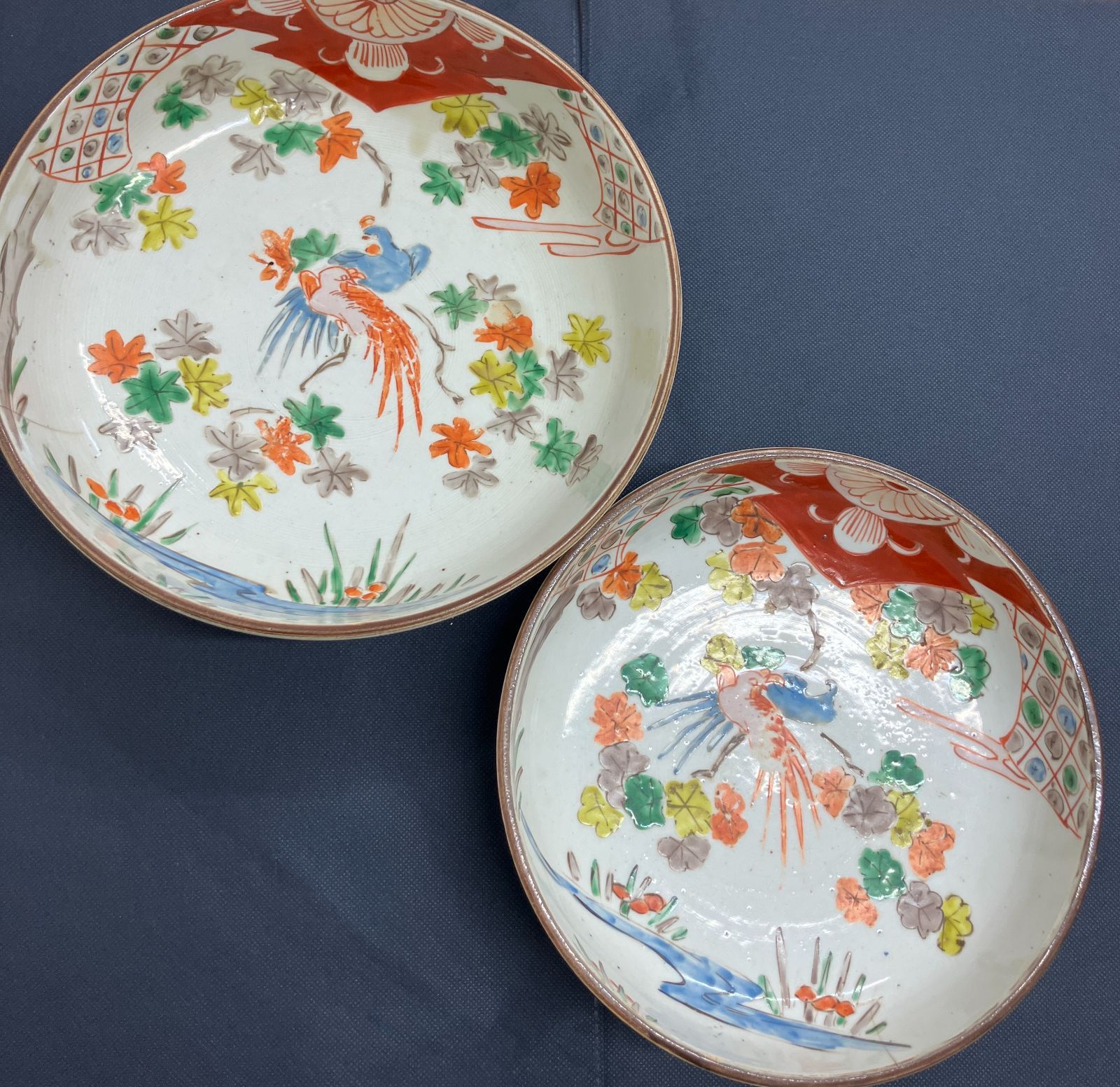 色絵古伊万里花鳥の図大皿 時代物/訳あり】色絵 花鳥図 大皿 浅鉢 2枚セット 古伊万里調 骨董