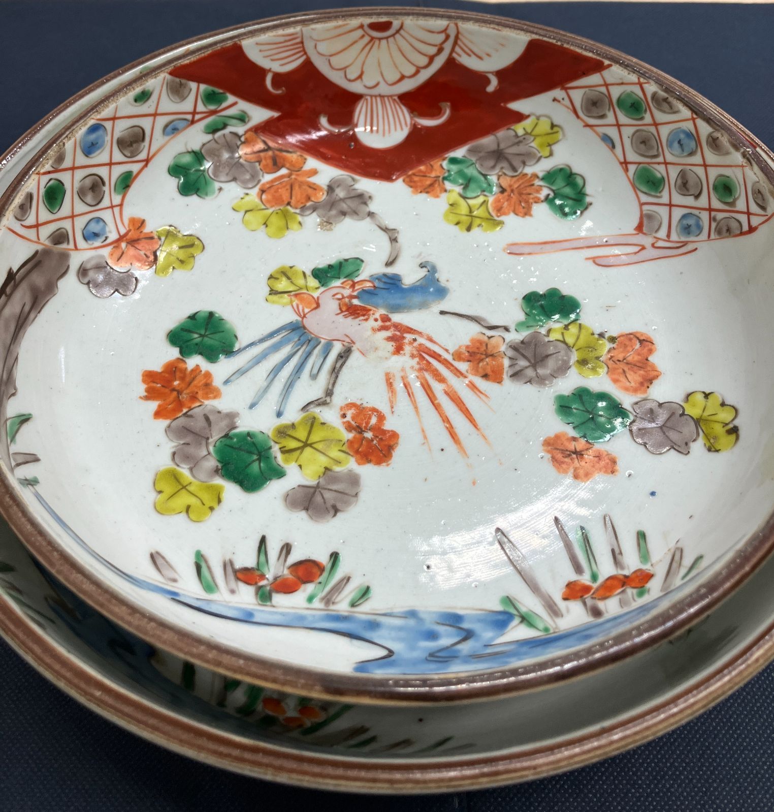 時代物/訳あり】色絵 花鳥図 大皿 浅鉢 2枚セット 古伊万里調 骨董