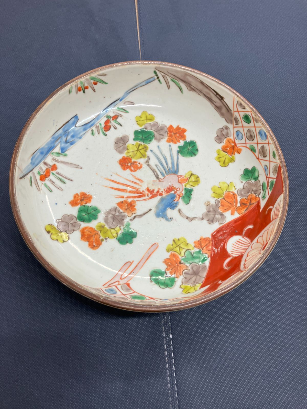 時代物/訳あり】色絵 花鳥図 大皿 浅鉢 2枚セット 古伊万里調 骨董