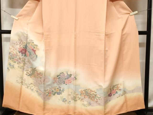 平和屋着物□色留訪問着 寿光織 孔雀草花文 暈し染め 金糸 正絹 逸品