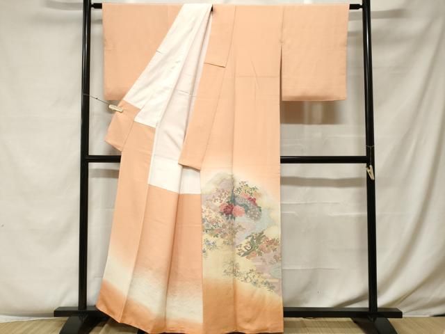 平和屋着物■色留訪問着　寿光織　孔雀草花文　暈し染め　金糸　正絹　逸品　CABF4136ev 平和屋着物□色留訪問着 寿光織 孔雀草花文 暈し染め 金糸 正絹 逸品
