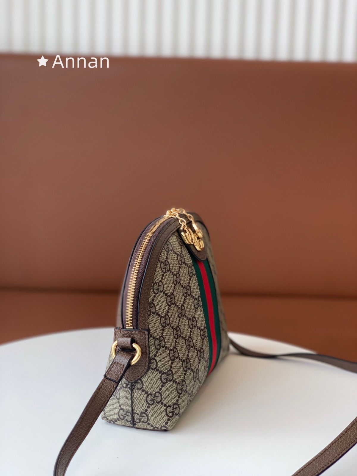 GUCCI グッチ オフィディア スモール ショルダーバッグ GGスプリーム シェリーライン ポシェット 斜め掛け PVC ベージュ モカブラウン 499621 GUCCI - GUCCI グッチ オフィディア スモール ショルダーバッグ GG