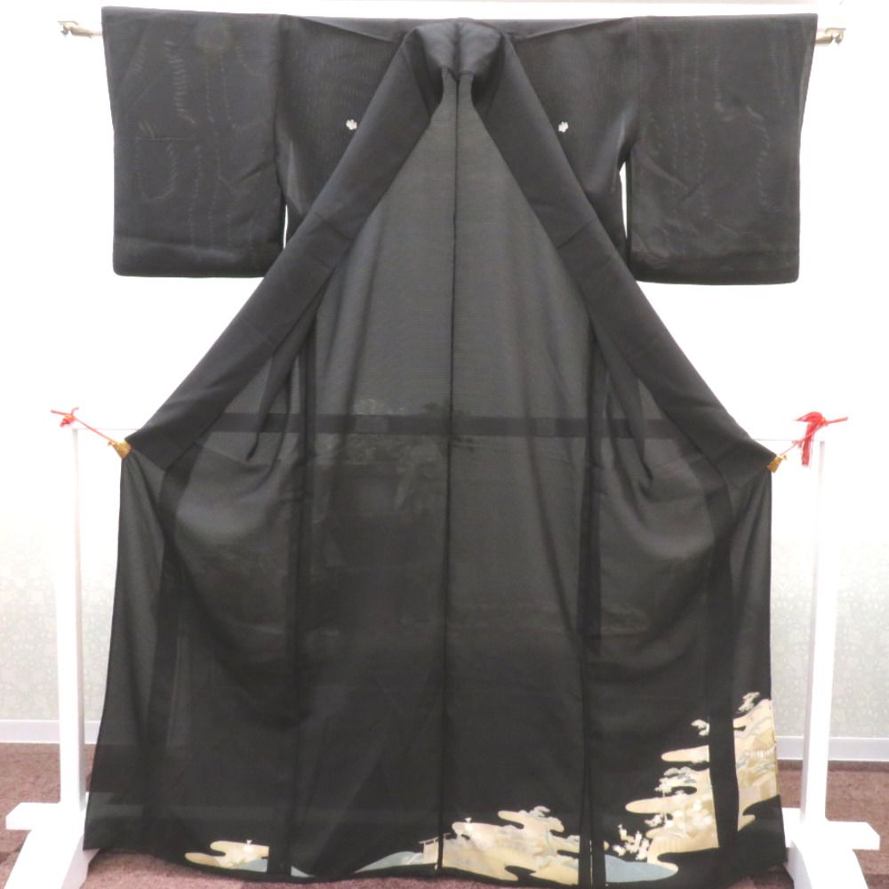 黒留袖 アンティーク 昔着物 絽 夏物 黒×多色 風景 金刺繍 正絹