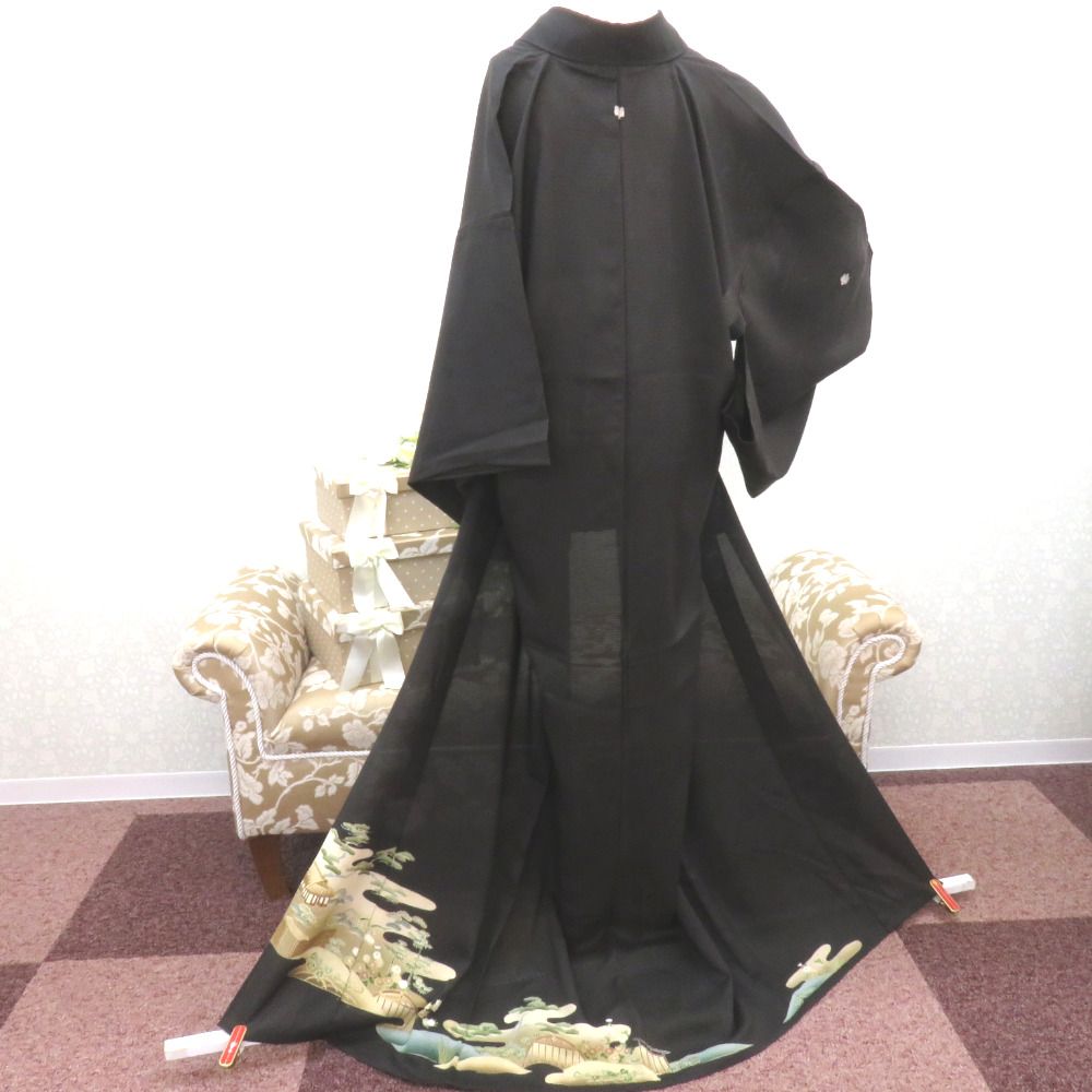 黒留袖 アンティーク 昔着物 絽 夏物 黒×多色 風景 金刺繍 正絹