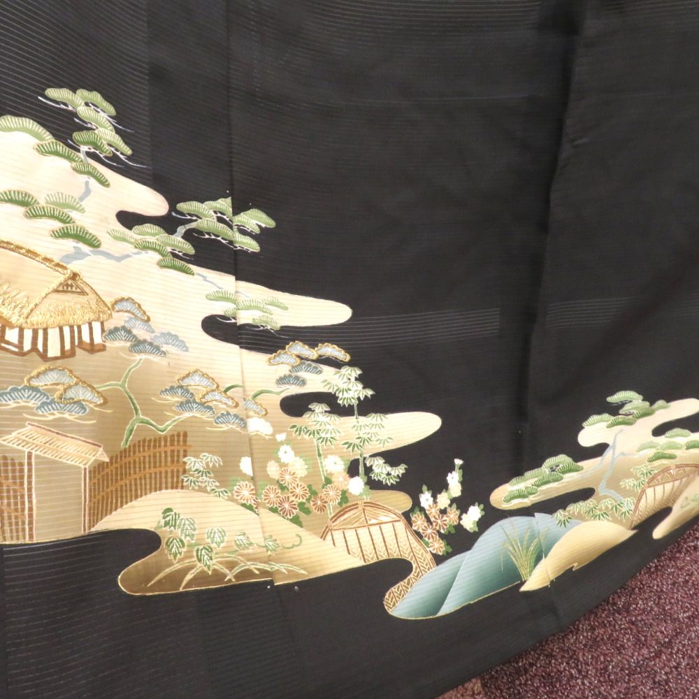 黒留袖 アンティーク 昔着物 絽 夏物 黒×多色 風景 金刺繍 正絹