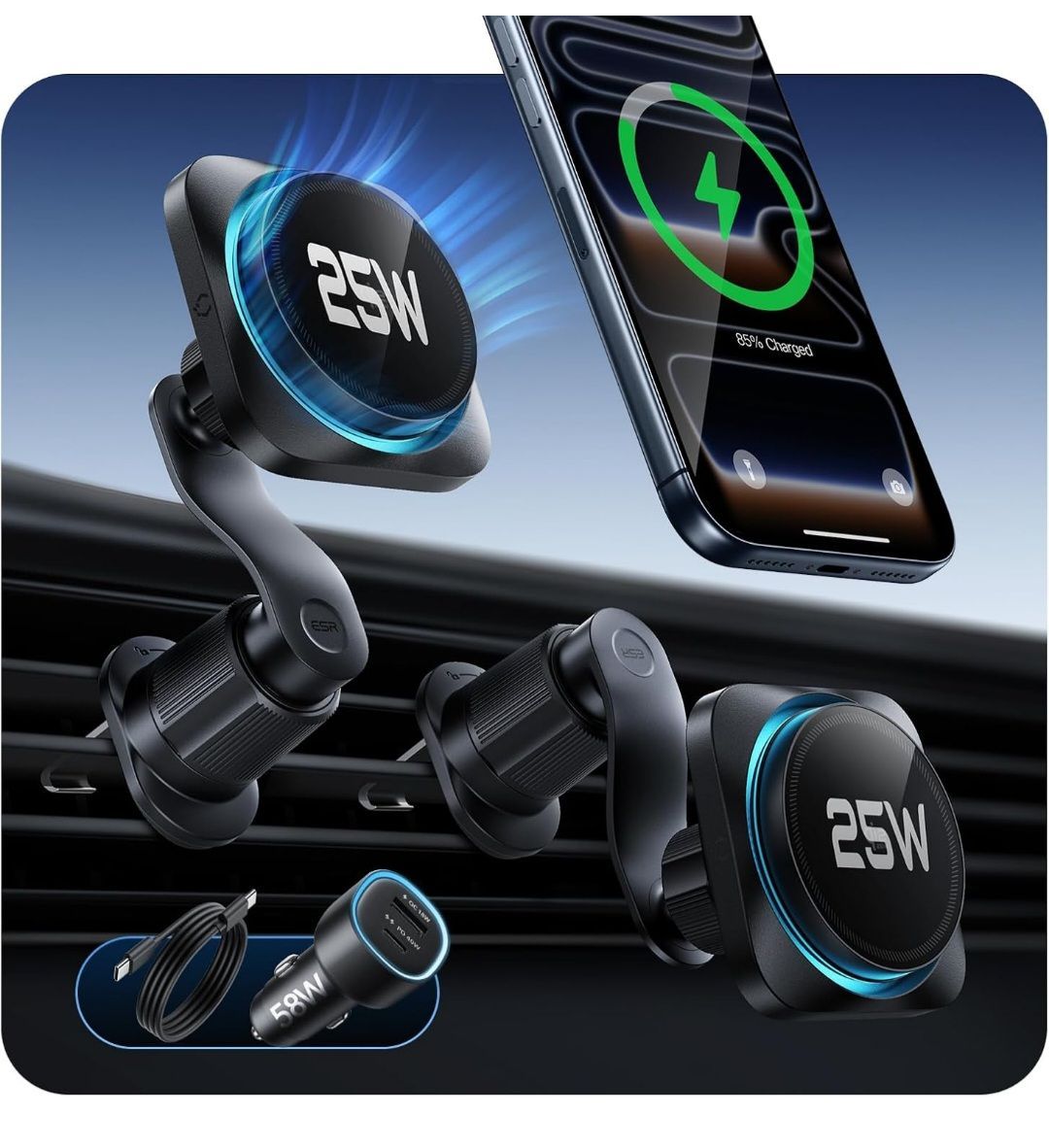ESR OmniLock Qi2.2認証 25W充電 magsafe 車載ホルダー【冷却機能付き CryoBoost搭載】qi2 充電器 25w 高速充電 改良クリップ 損傷防止ロック スマホホルダー 車 スマホ冷却 360°回転可能 自由調節 高級合金素材
