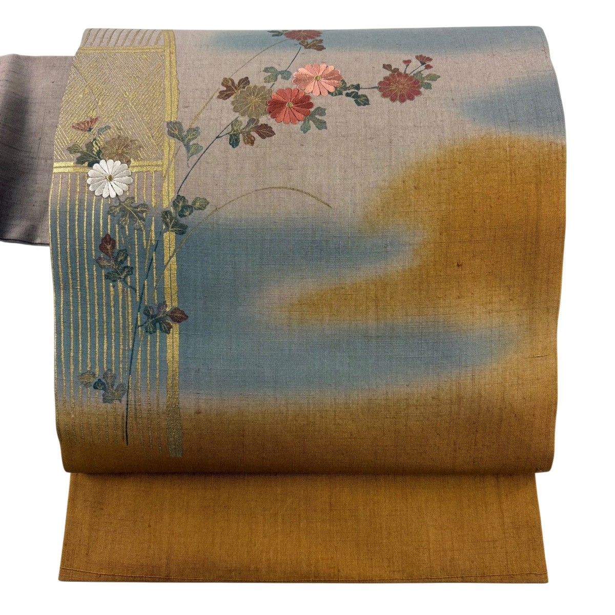 名古屋帯 秀品 関西仕立て 紬地 菊 ヱ霞 刺繍 金彩 ピンクベージュ