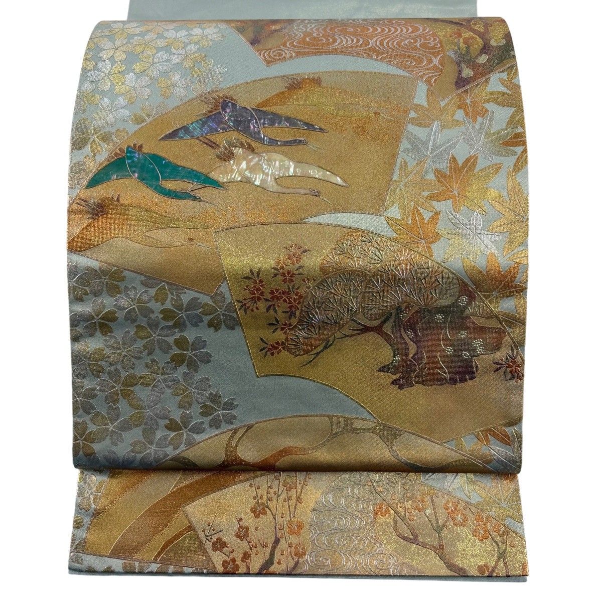 袋帯 秀品 扇面 鶴 螺鈿 箔 薄緑 お太鼓柄 正絹 【中古】 - メルカリ