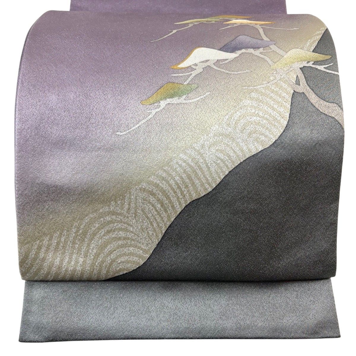 美品】 袋帯 秀品 落款 松 波 銀通し 金彩 薄紫 お太鼓柄 正絹 【中古 