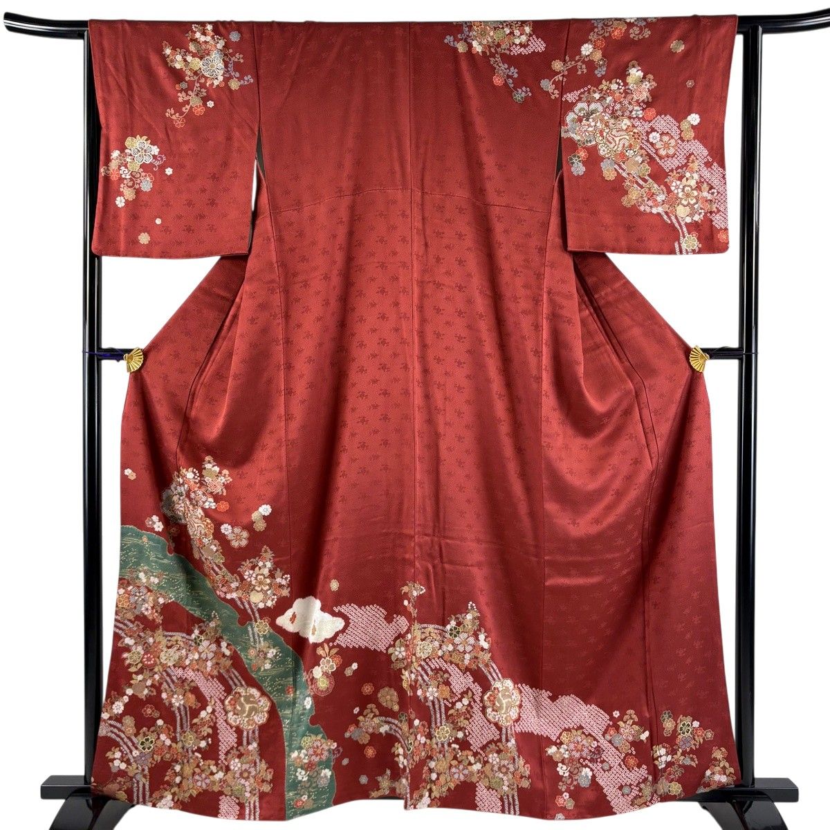 訪問着 身丈160.5cm 裄丈66cm M 袷 雪輪 草花 刺繍 金糸 灰色 正絹