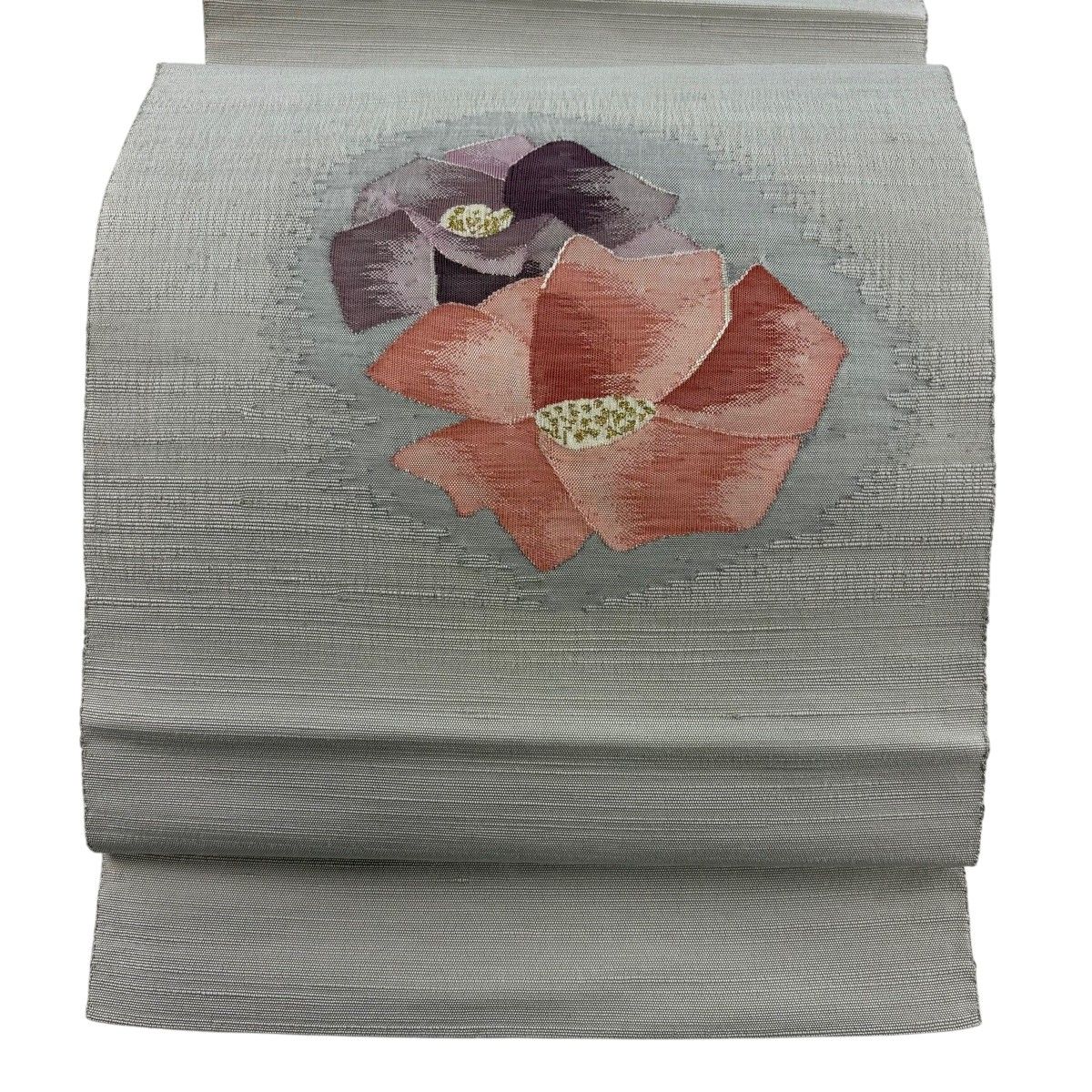 ZY-615 名古屋帯 刺繍 パールトーン加工 名品 松葉仕立て 正絹 美品 名古屋帯 優品 八寸名古屋帯 松葉仕立て 花 金糸 灰色 正絹 【中古