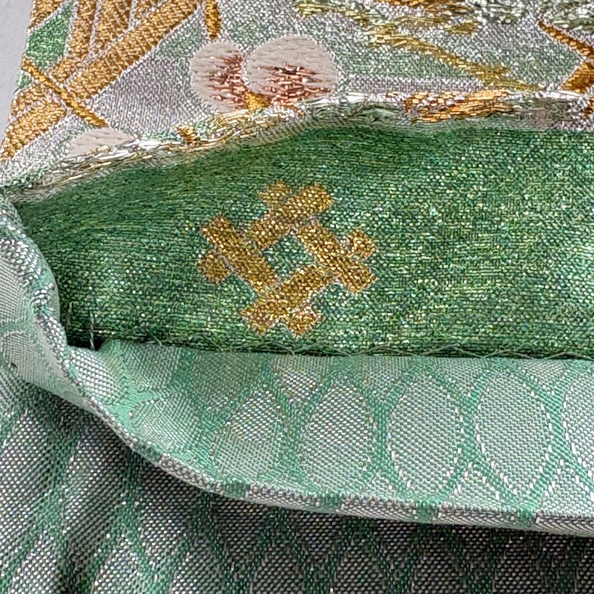 袋帯 美品 秀品 落款 墨流し 銀通し 茶緑色 全通 正絹 【中古】 袋帯