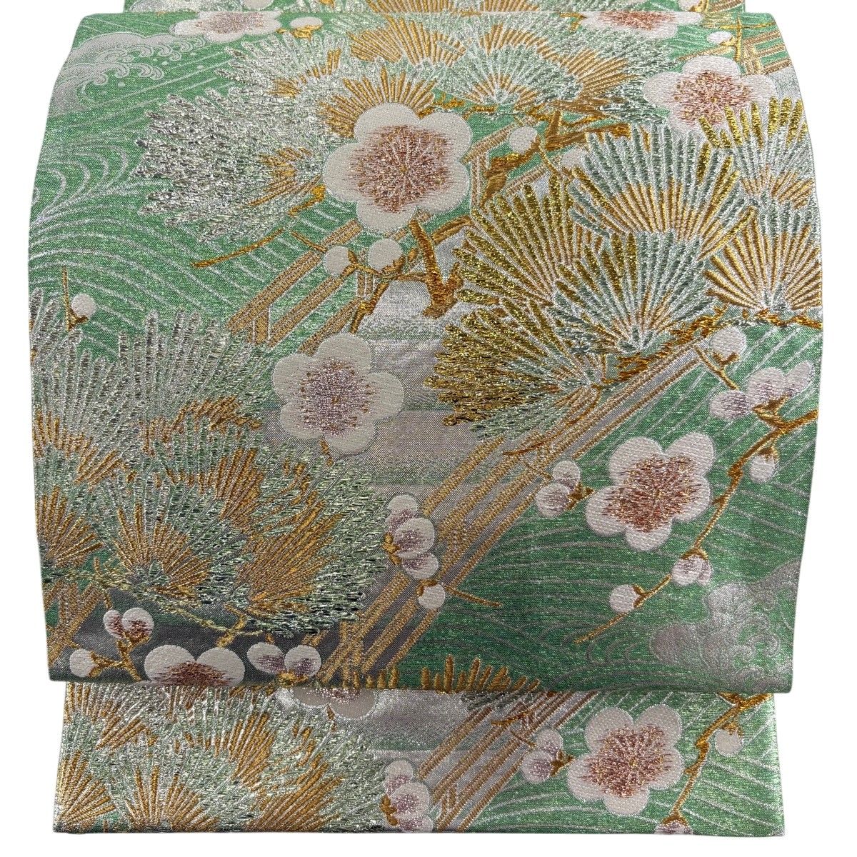 美品 袋帯 名品 段縞 草花 水色 全通 正絹 中古 袋帯 名品 縞 幾何