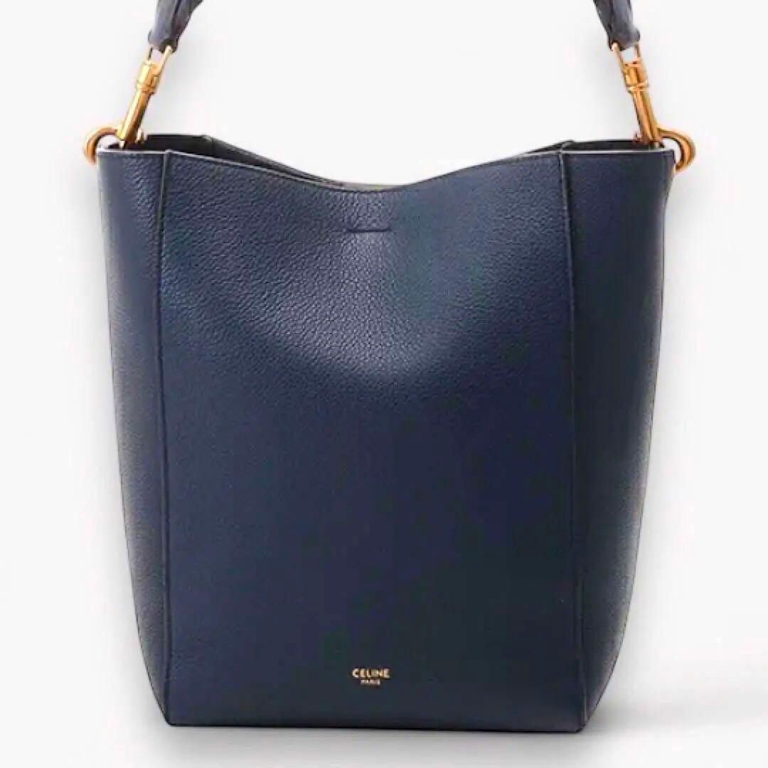 美品 CELINE セリーヌ サングルバケット スモール ネイビー 真贋鑑定済み】CELINE セリーヌ サングル バケットバッグ ショルダー
