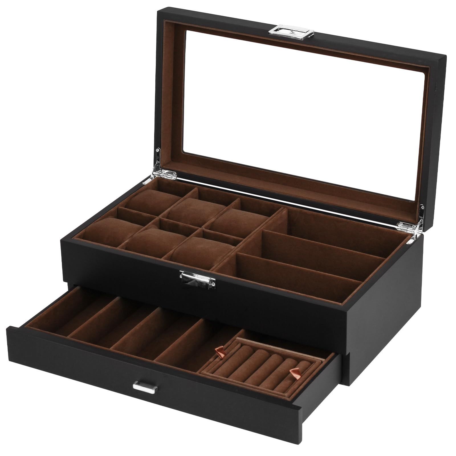 【新着商品】腕時計・眼鏡・ジュエリー収納ボックス 高級2層木製時計ケース 腕時計6本 サングラス7本 アクセサリー・指輪・ブレスレット収納可能 Baskiss コレクションケース (腕時計6本・メガネ7本)