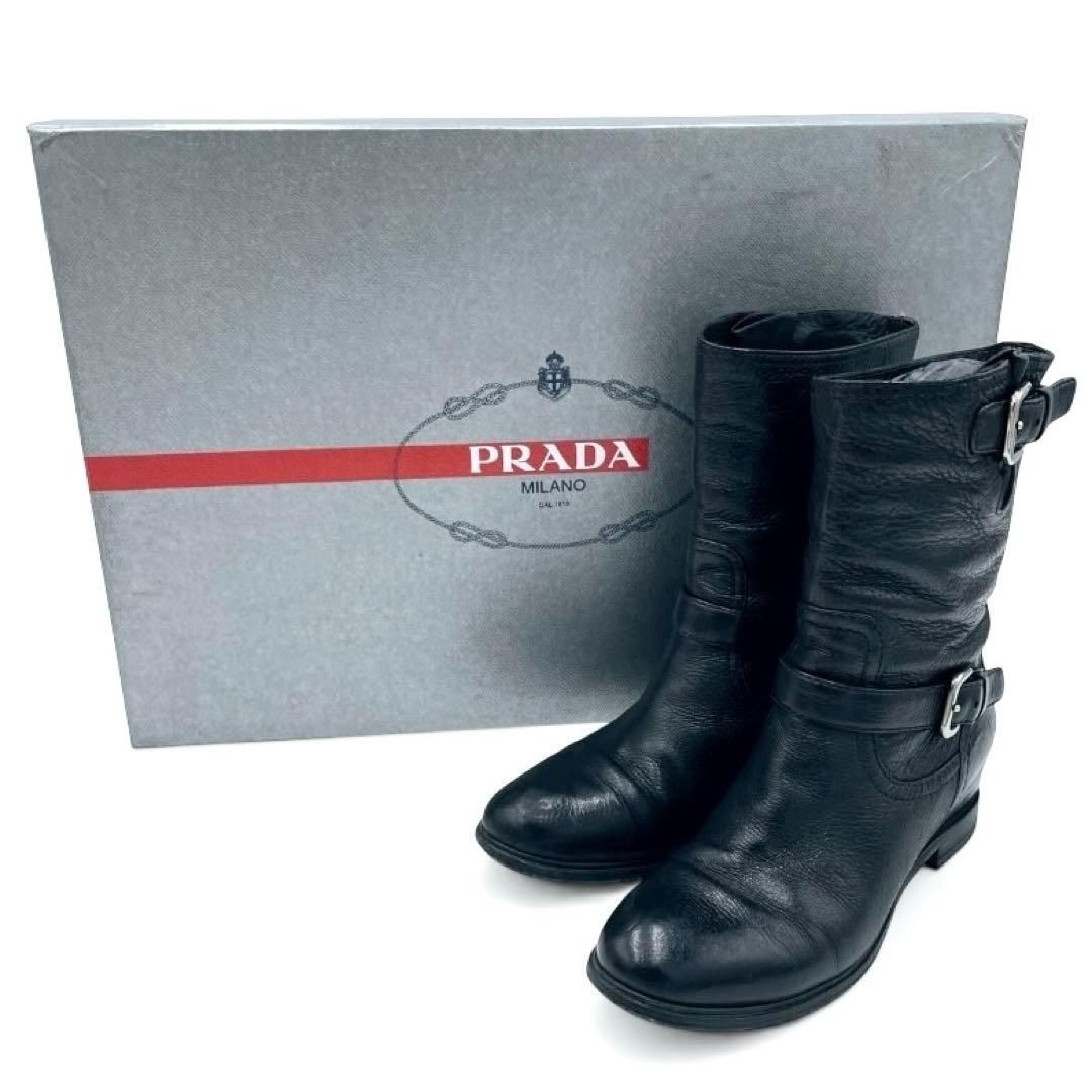 PRADA プラダ エンジニアブーツ ダブルベルト レザー　本革　黒 アーカイブ 真贋鑑定済み】PRADA プラダ レザー エンジニアブーツ ブラック 黒 本
