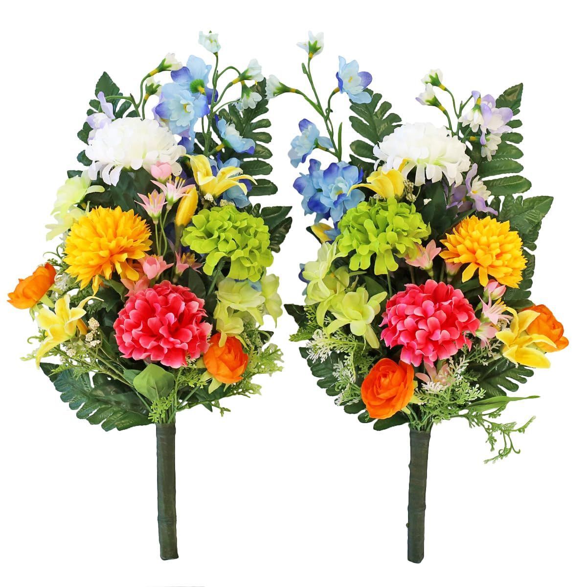 【人気商品】お墓 お仏壇 お盆 花 お彼岸 シルクフラワー CT触媒(消臭分解・防汚)加工 お供え 約43cm 一対 カラフルダリアとオダマキの花束 btb 仏花 造花 山久