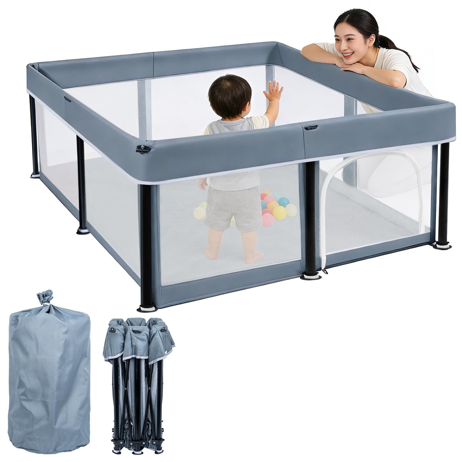 新品 BQKOZFIN ベビーサークル 120x180x65cm コンパクト 折りたたみ可能 扉付き 大型 baby playpen プレイヤード 滑り止め吸盤 メッシュタイプ 洗濯可能 子供 ペットが利用可能 収納バッグ付き 室内外対応 子供 軽量（ダークグ