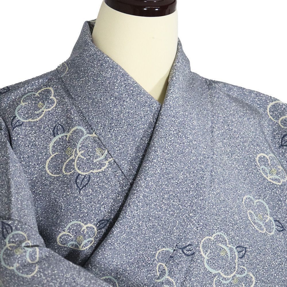 単衣 小紋 正絹 グレー たたき染 椿 SMサイズ ki32044 美品 ひとえ 夏