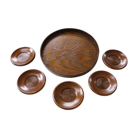 木製 蘭彫丸盆･茶托揃 GA-880 内容/丸盆:φ24×2㎝×1･茶托:φ11×2㎝×5 材質/木製漆塗