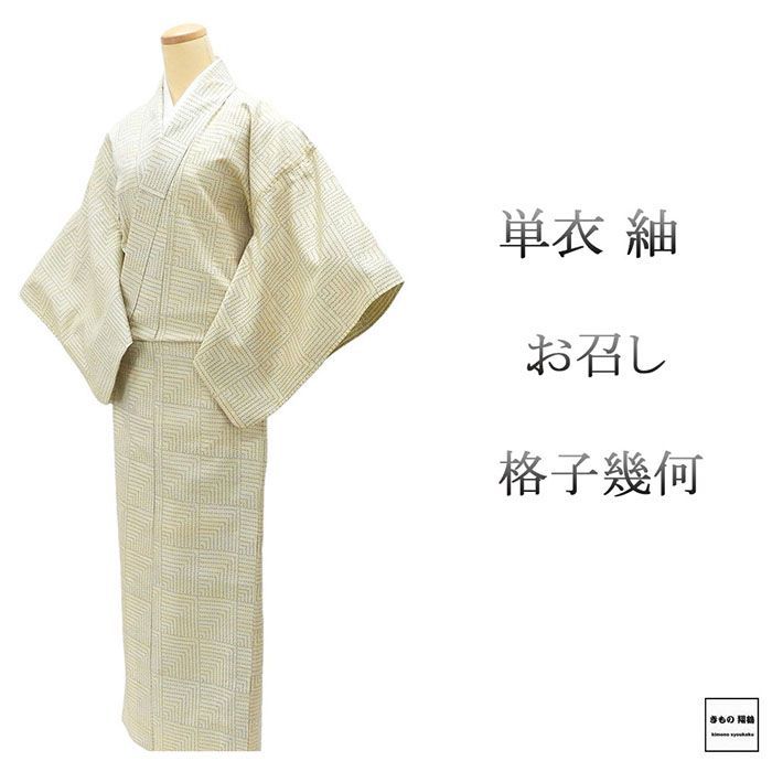 着物(正絹紬単衣)☆オフ白格子に花と蝶と 銀座【B-4559】単衣 付下げ 練色 花唐草文（反端付）（N） :身丈160/裄