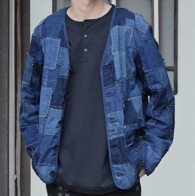 KUON クオン 日本製 Vintage Boro Patchwork V-neck Jacket ヴィンテージ襤褸パッチワークVネックジャケット BJK05 M NAVY 久遠 定価275,000円 アウター【新古品】【中古】【KUON】 新品 KUON クオン 日本製 Vintage Boro Patchwork V-neck Jacket