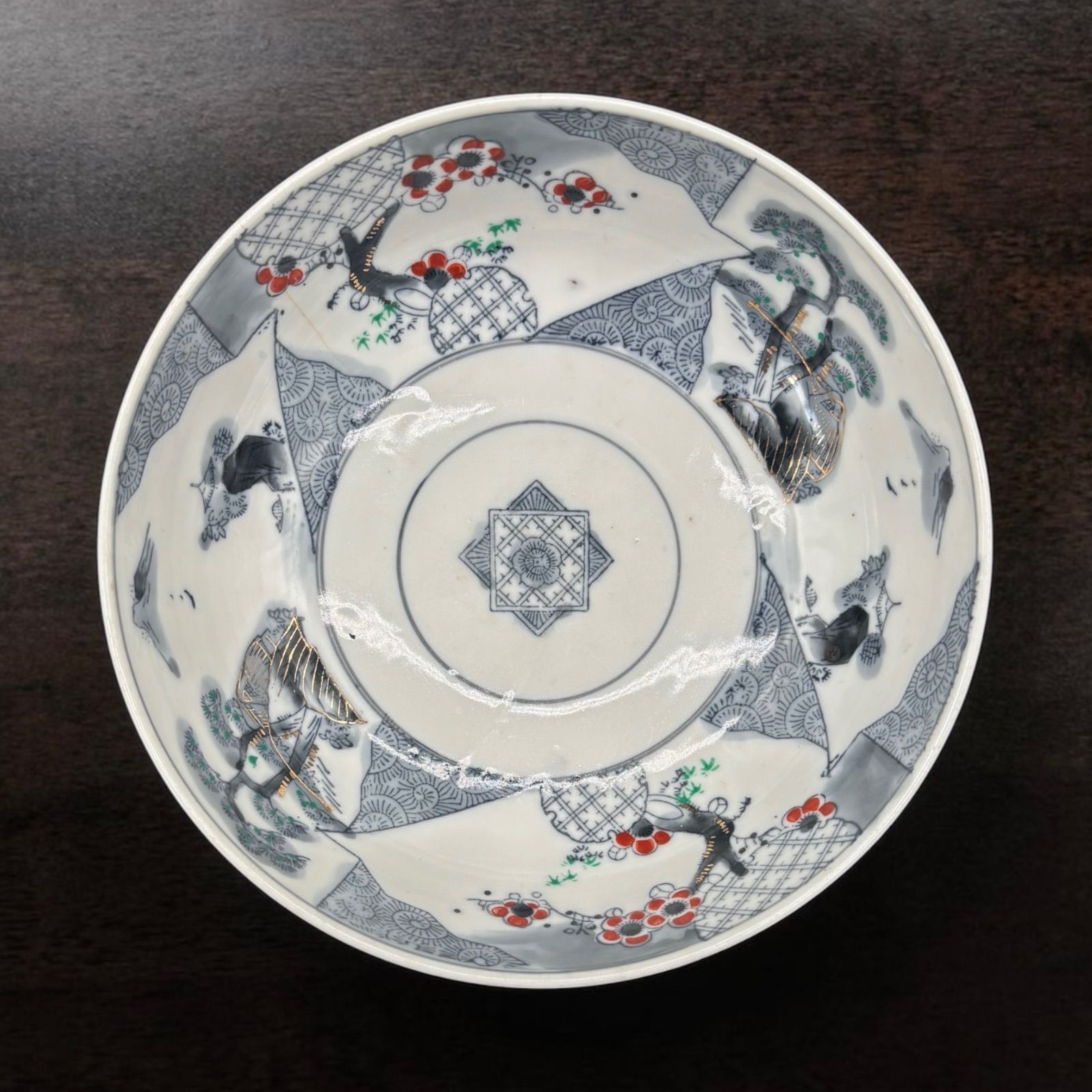 古伊万里 金彩 色絵 大鉢 梅松風景文図 日本製 取り皿 飾り皿 伊万里