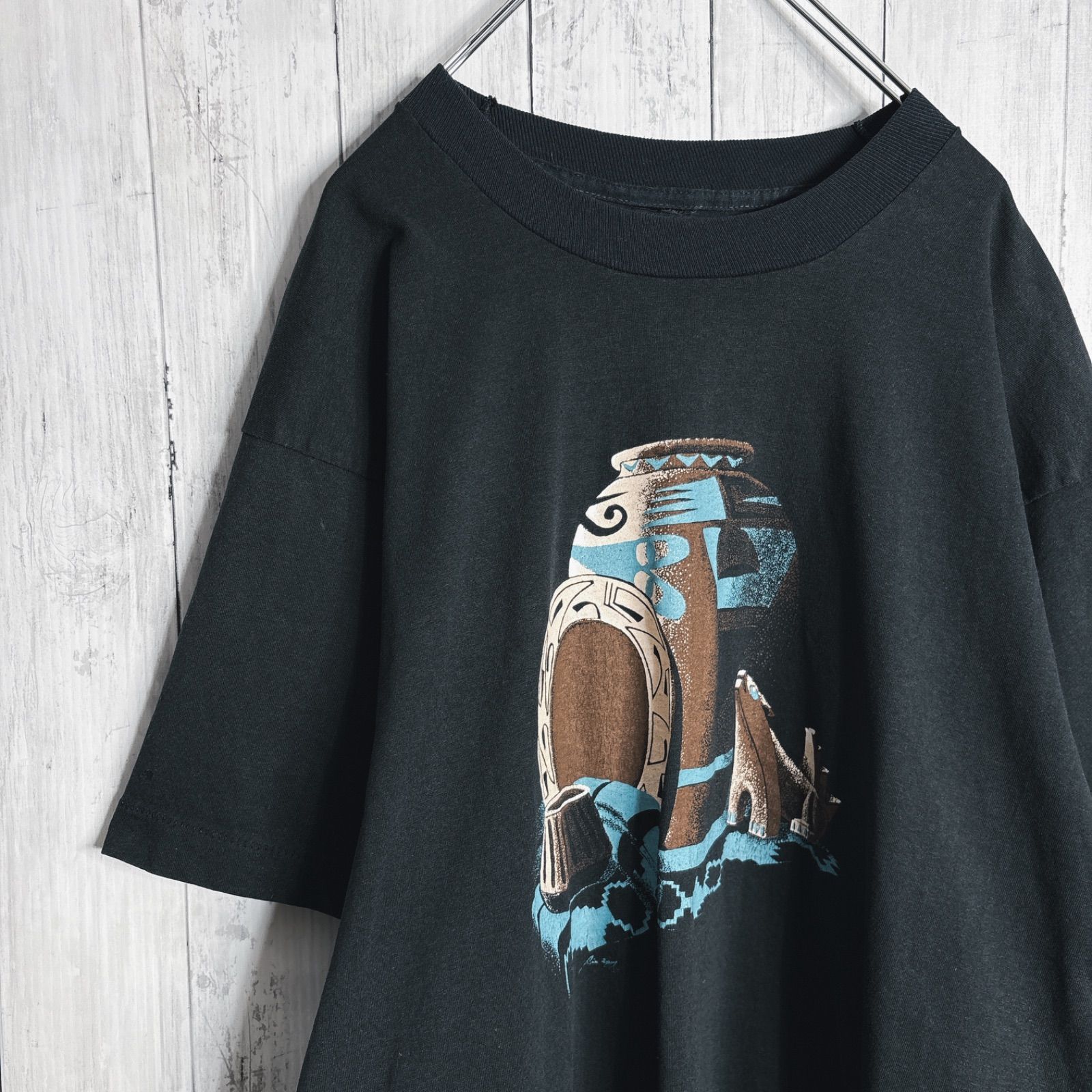 【まとめ購入大歓迎】90s USA製 Vintage 古着 ターコイズ 民族 袖シングル ブラック 半袖Tシャツ #y73