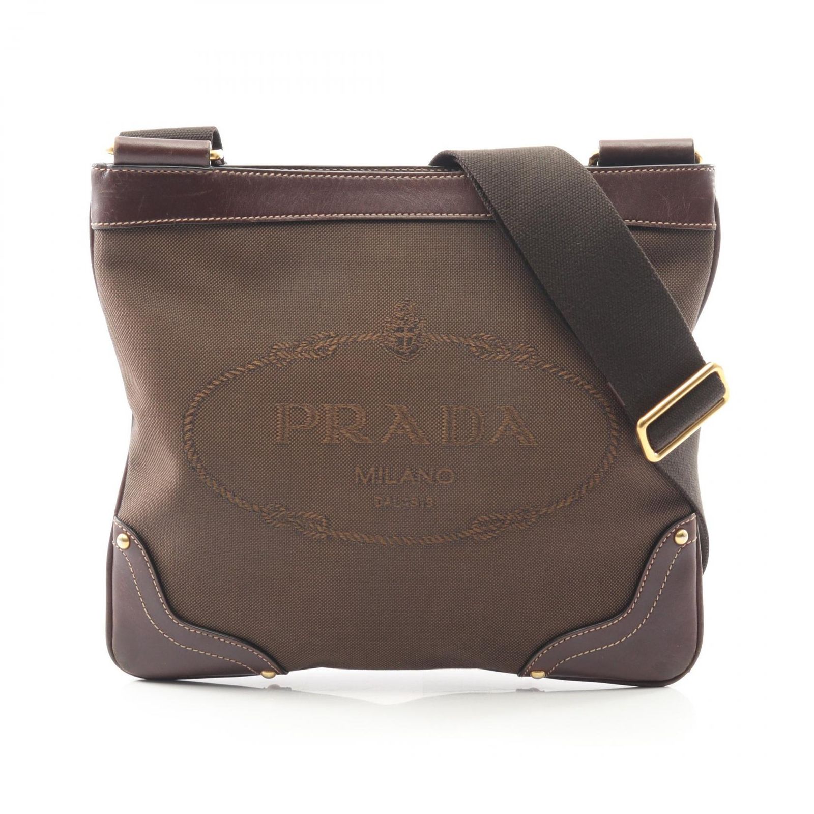 プラダ PRADA ショルダーバッグ ダークブラウン キャンバス レザー 