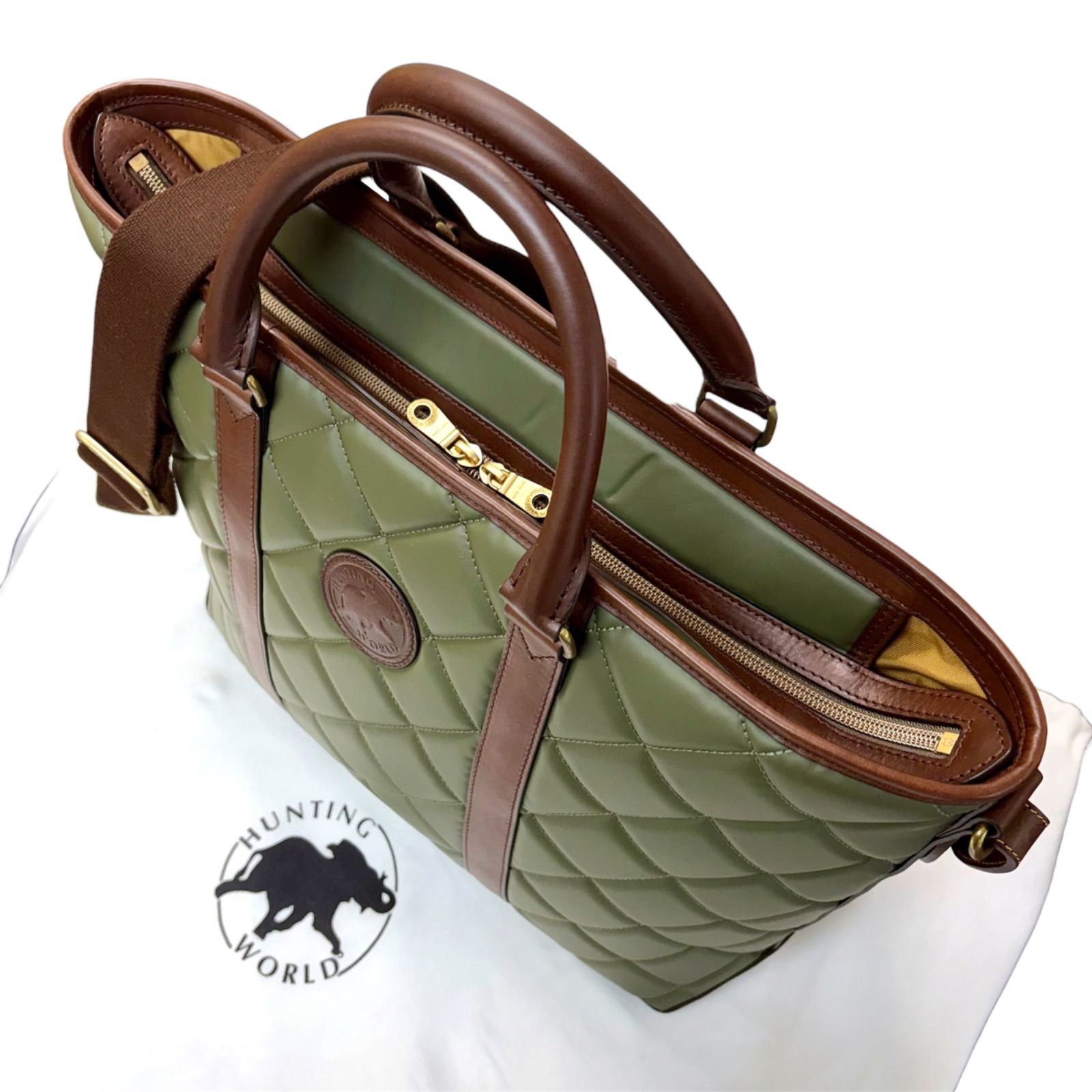 美品 ハンティングワールド キャンバス レザービジネスバッグカーキ 2WAY ハンティングワールド HUNTING WORLD ビジネスバッグ キャンバス