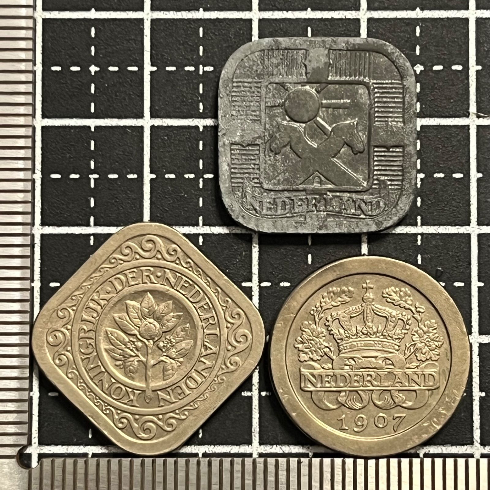 古銭まとめ】オランダ 5セント 3枚セット 1907年丸型＋黄銅四角型