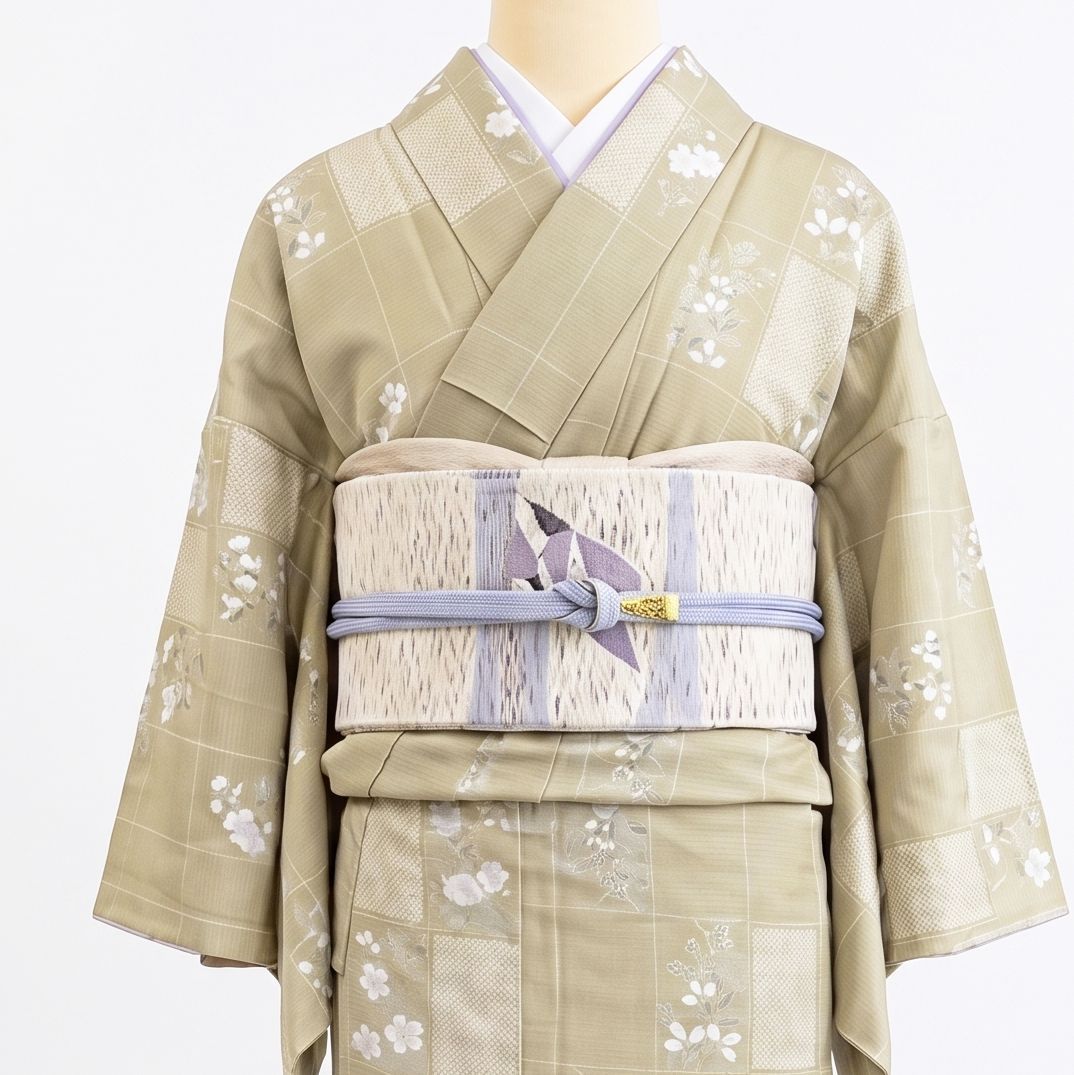着物 小紋 シルック 夏着物 絽小紋 洗える着物 うぐいす色 市松 桔梗 萩 なでしこ Ho-005