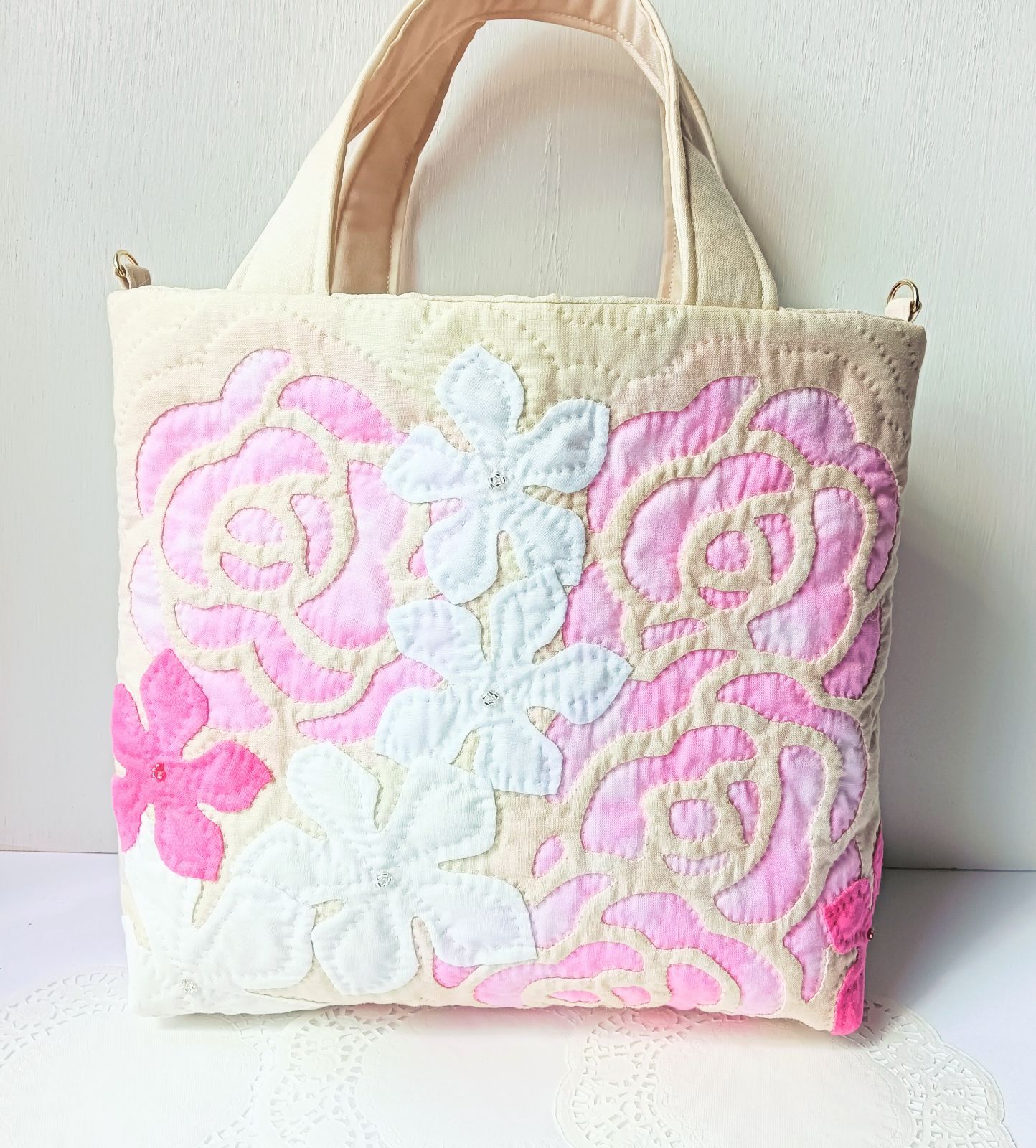 純正買蔵 NO.24 ハワイアンキルト バッグ ハンドメイド ロケラニ(薔薇 