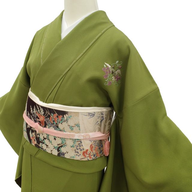 新古品】 訪問着 袷 着物 正絹 未使用 フォーマル 草色 グリーン系