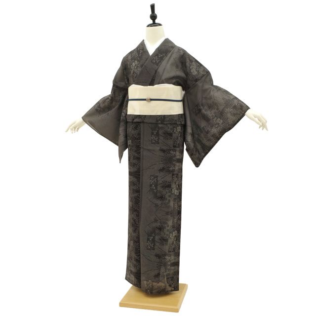 新古品】 夏物 夏大島 着物 未使用 正絹 紗紬 越後 単衣 黒地 ブラック
