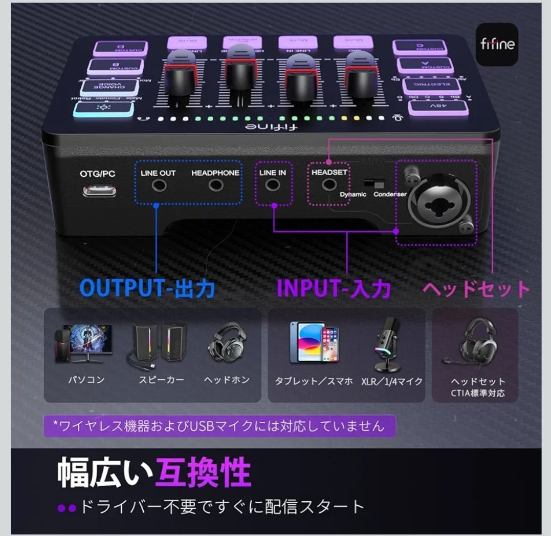FIFINE ゲーミングオーディオミキサー オーディオインターフェース PC