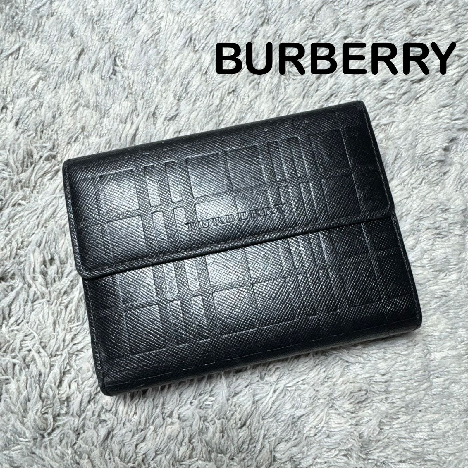 BURBERRY 三つ折り財布 ブラック BURBERRY バーバリー 三つ折り財布 本革 レザー ブラック がま口