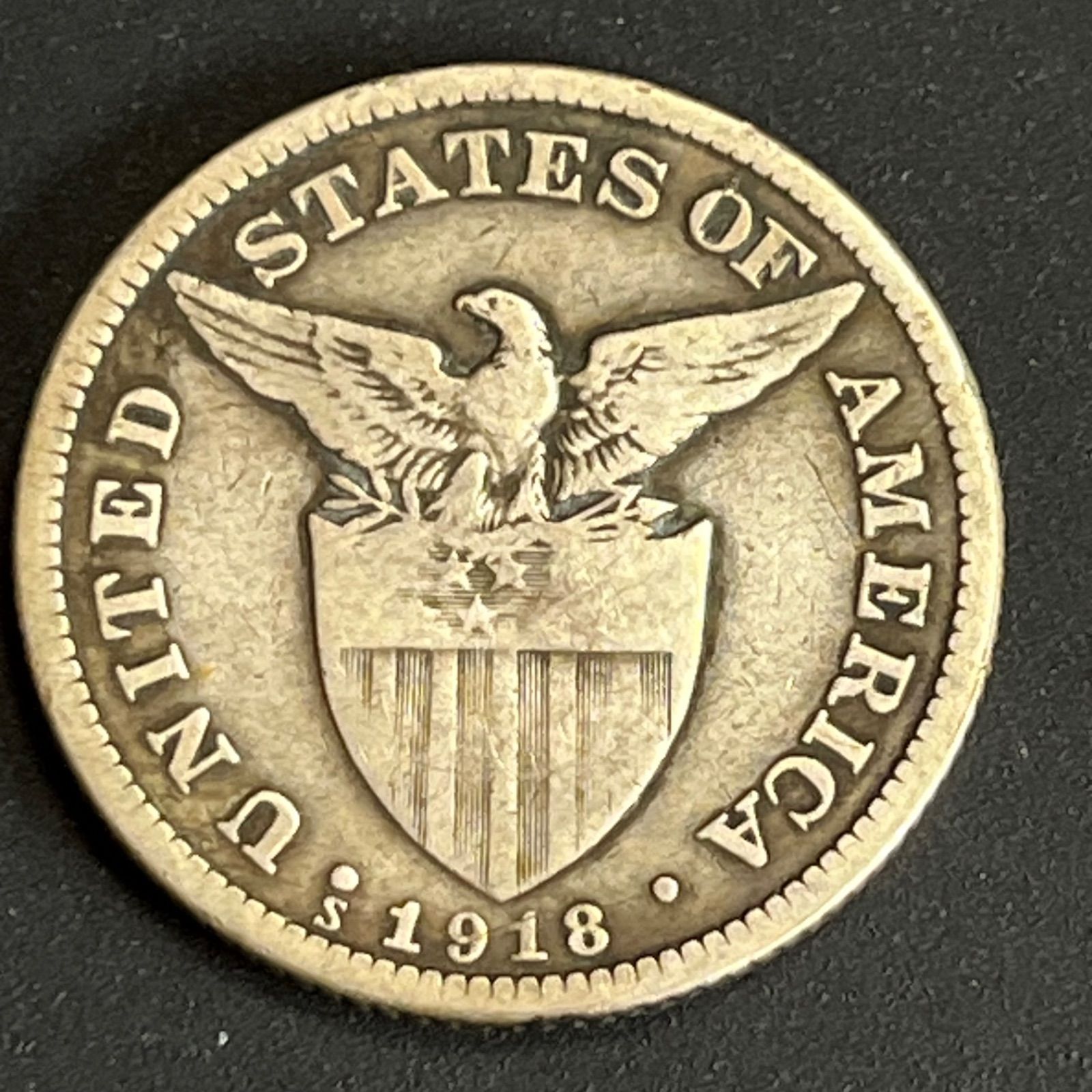 銀貨】1918年 米領フィリピン 50センタボ .750銀 女神立像とアメリカ鷲