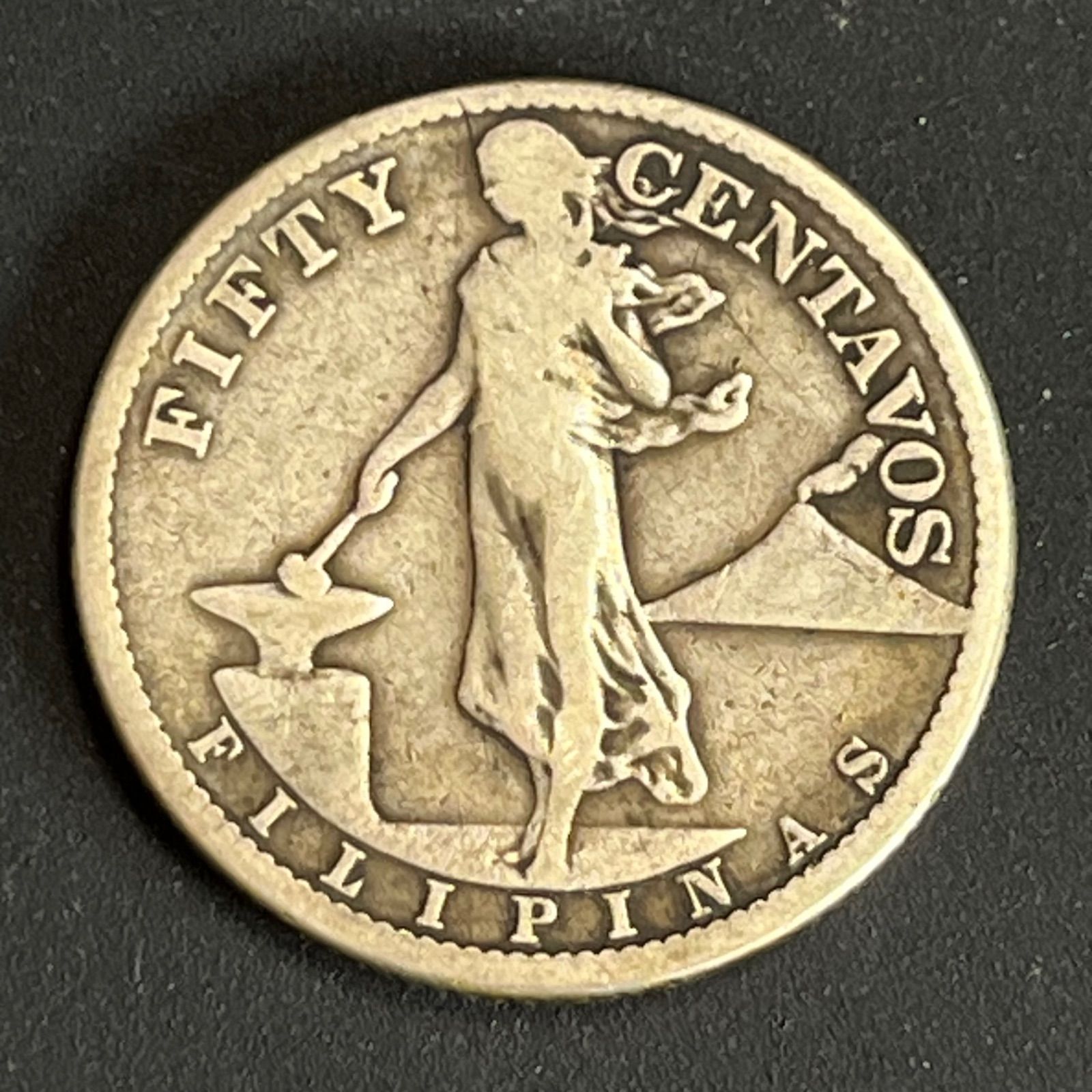 銀貨】1918年 米領フィリピン 50センタボ .750銀 女神立像とアメリカ鷲