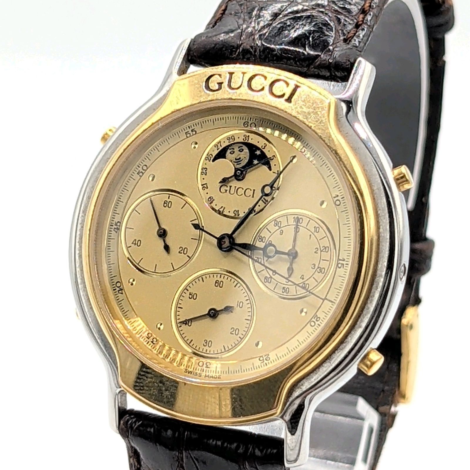 GUCCI 8300 Watch Quartz Men's Moonface Gold Y2K 00S グッチ 時計 クオーツ メンズ ラウンド ゴールド ムーンフェイス ヴィンテージ 稼働品