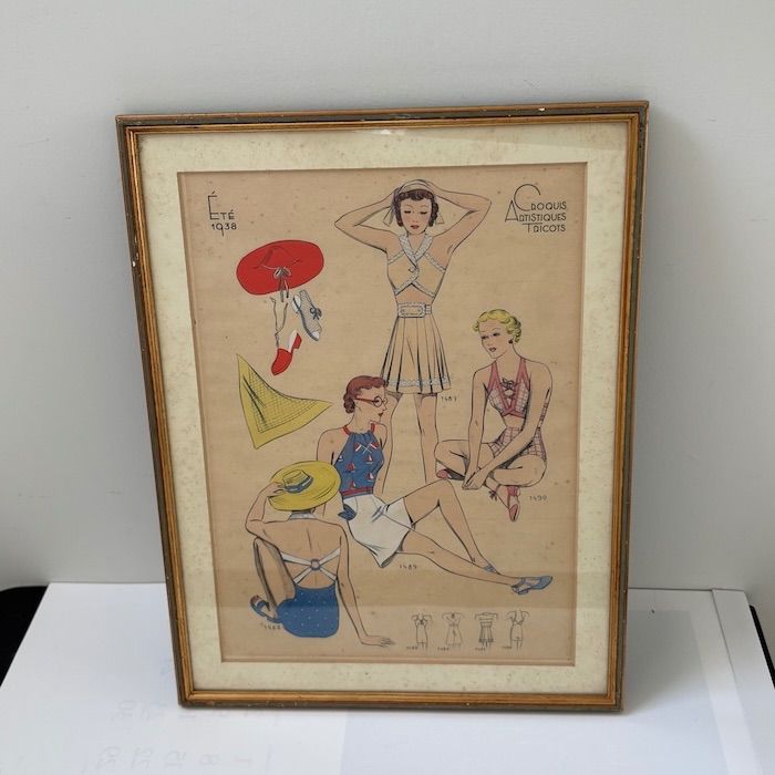 額装デザイン画　ビーチウェア【ヴィンテージ】フランス　1938年 額装デザイン画 ビーチウェア【ヴィンテージ】フランス 1938年