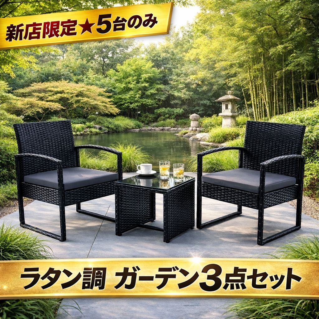 【新店限定★5台のみ特価】ガーデンファニチャーセット 3点 ラタン調 テーブル＆チェア2脚 ベランダ家具 テラス バルコニー 屋外用 防水 樹脂 カフェ風 おしゃれ ガーデンセット クッション・グレー