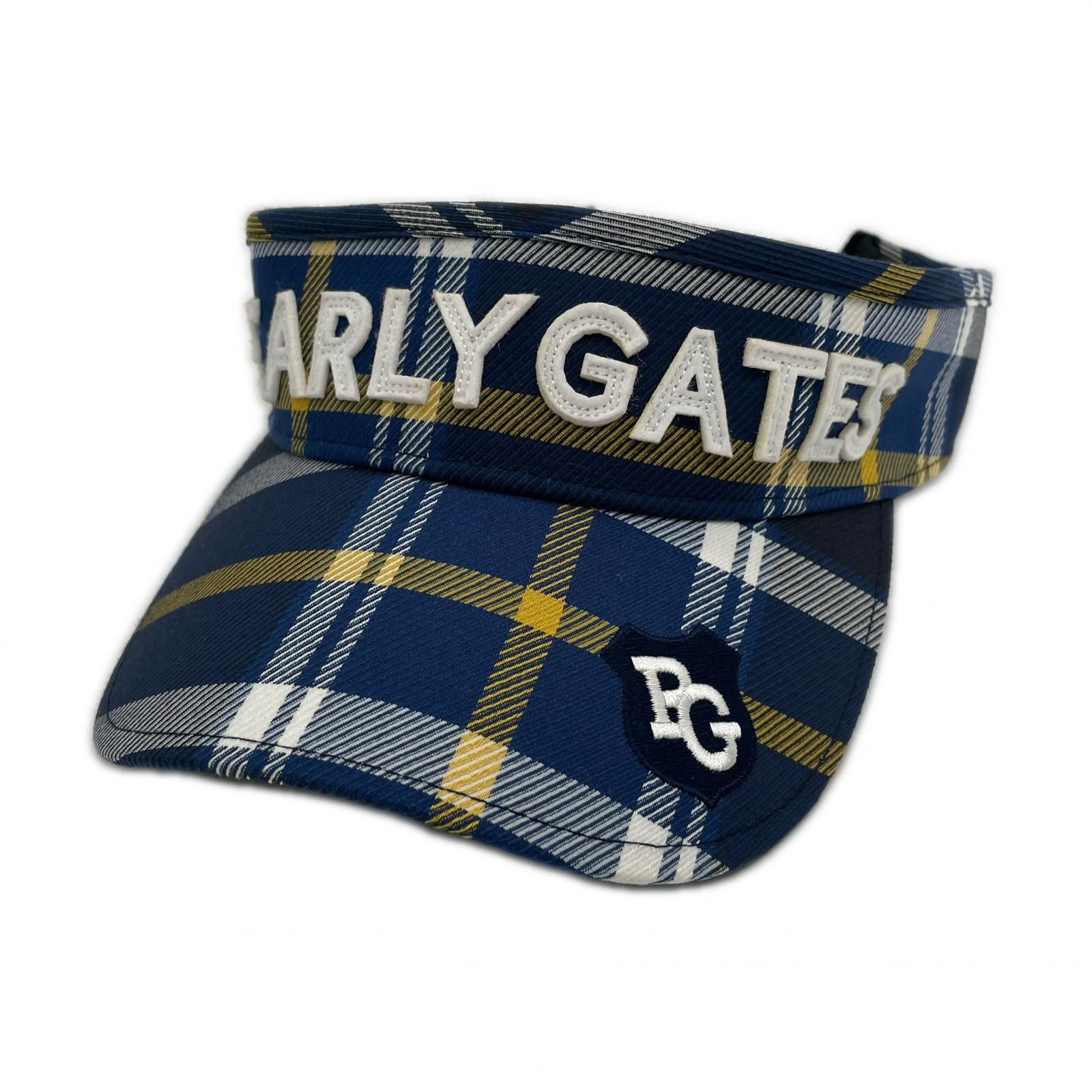 中古 パーリーゲイツ PEARLY GATES サンバイザー フリー ブルー系 立体ロゴ チェック総柄