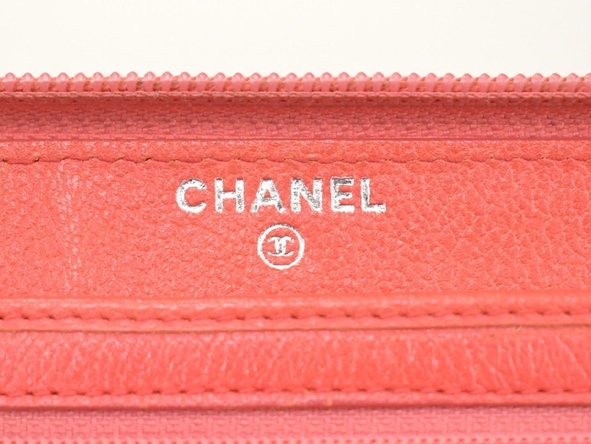 シャネル CHANEL 長財布 オレンジ系 ラウンドファスナー カメリア