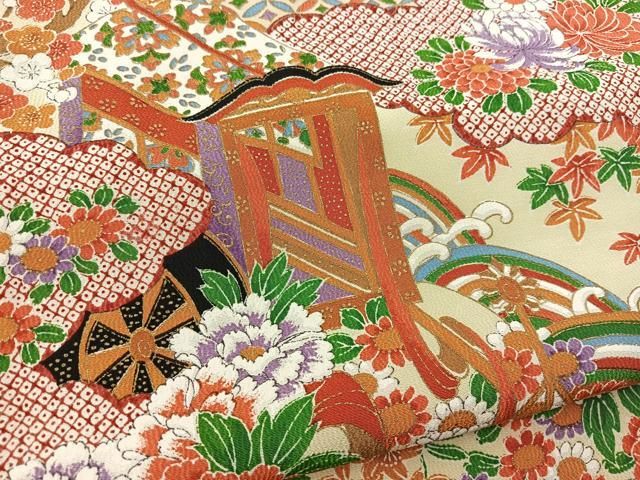 平和屋着物□上質な小紋 吉祥風景花文 金彩 鬼しぼ縮緬 正絹 逸品