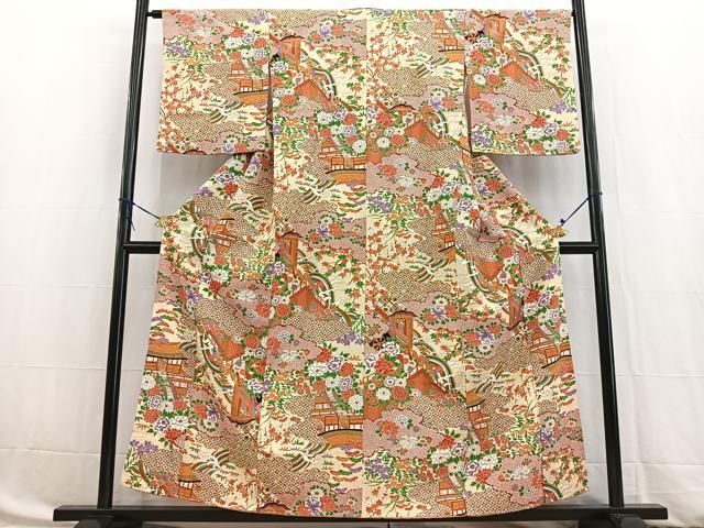 平和屋着物□上質な小紋 吉祥風景花文 金彩 鬼しぼ縮緬 正絹 逸品 平和屋着物□上質な小紋 吉祥風景花文 金彩 鬼しぼ縮緬 正絹 逸品