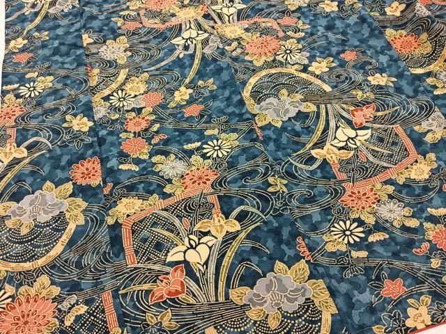 平和屋着物▽上質な小紋　単衣　型染め　藍　流水花文　正絹　逸品　AABG7672ck 平和屋着物▽上質な小紋 単衣 型染め 藍 流水花文 正絹 逸品